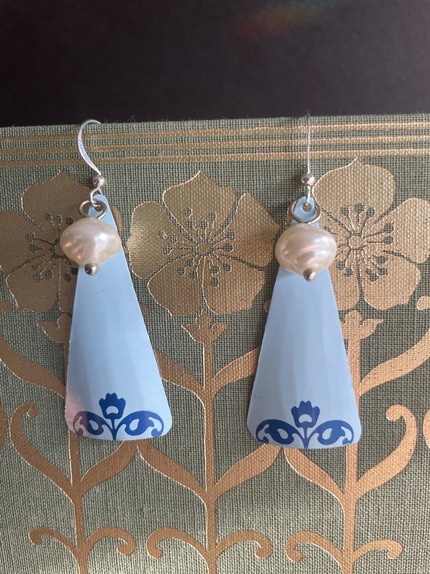 Blue Triangle Pearl Tin Earrings