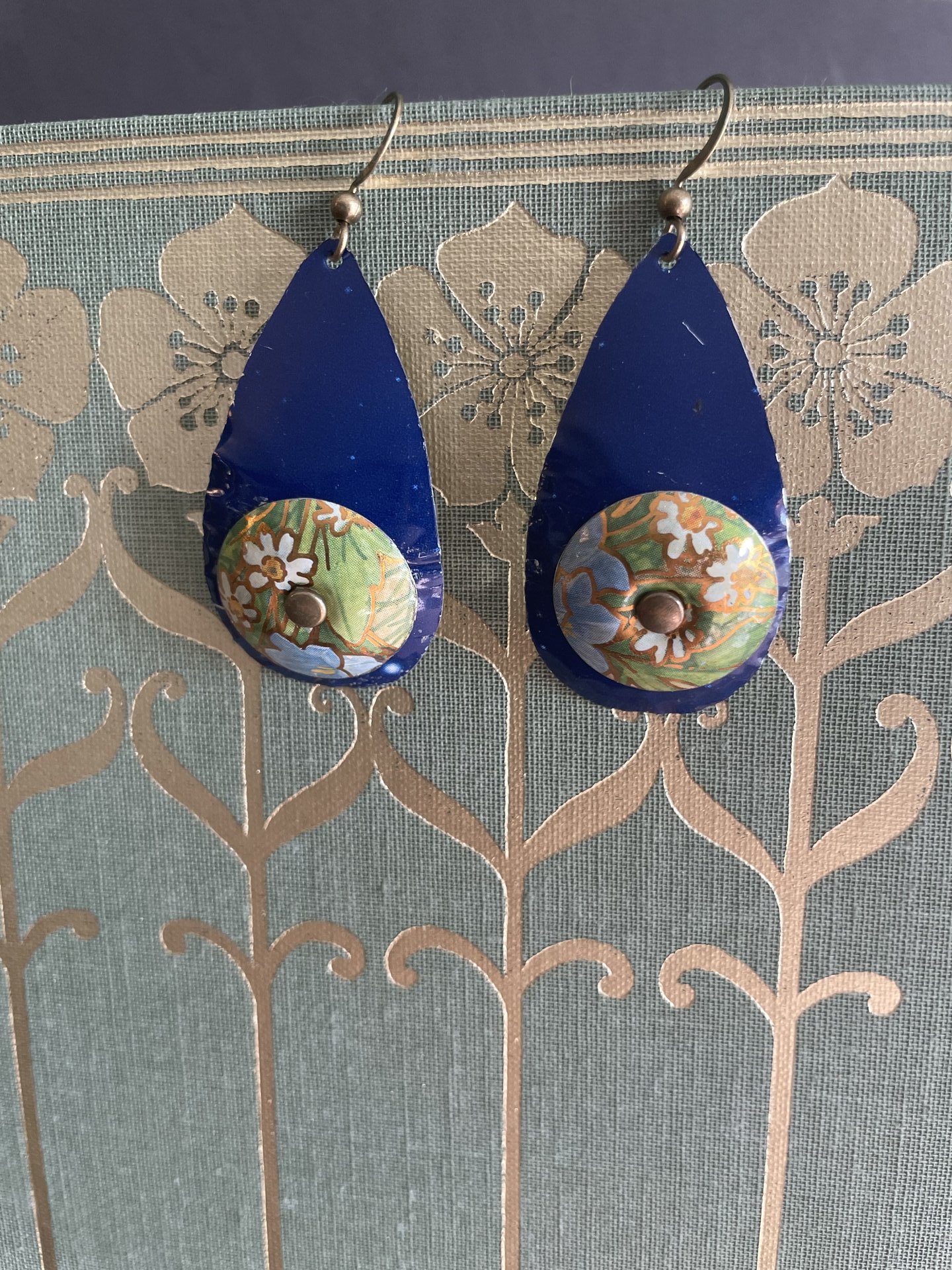 Blue and Floral Rivet Tin Earrings