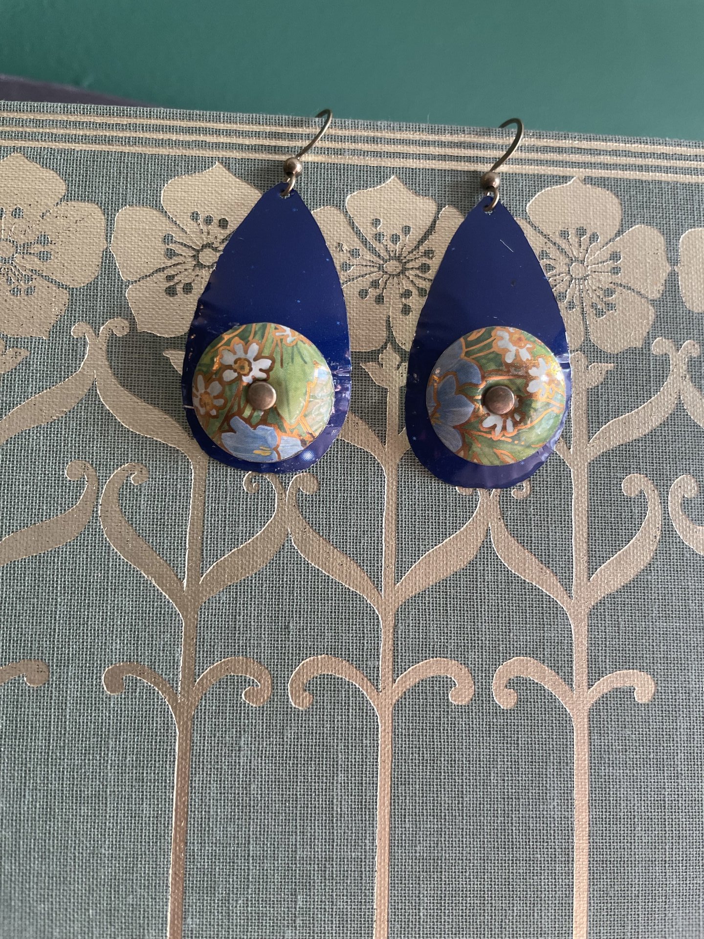 Blue and Floral Rivet Tin Earrings
