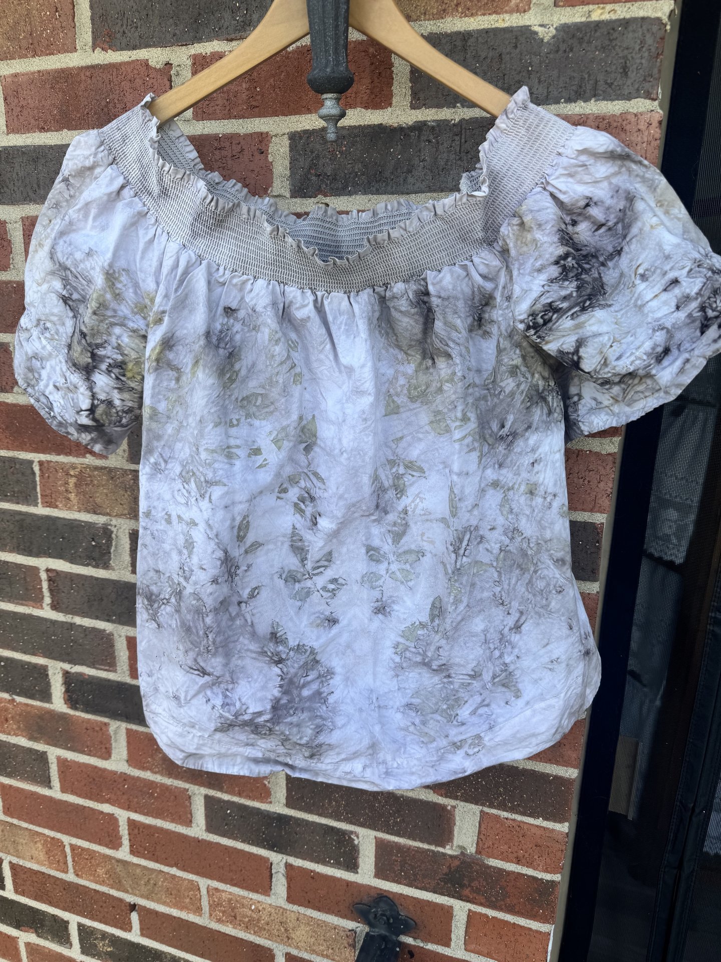 J Crew M Ecoprinted Gathered Neck Short Sleeve Blouse