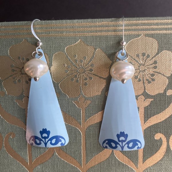 Blue Triangle Pearl Tin Earrings