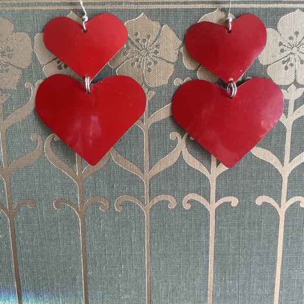 Red Double Heart Tin Earrings