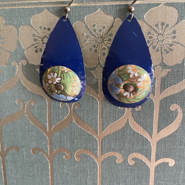 Blue and Floral Rivet Tin Earrings
