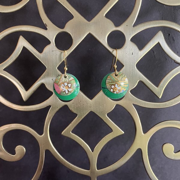 Nested Pansies Green Tin Earrings
